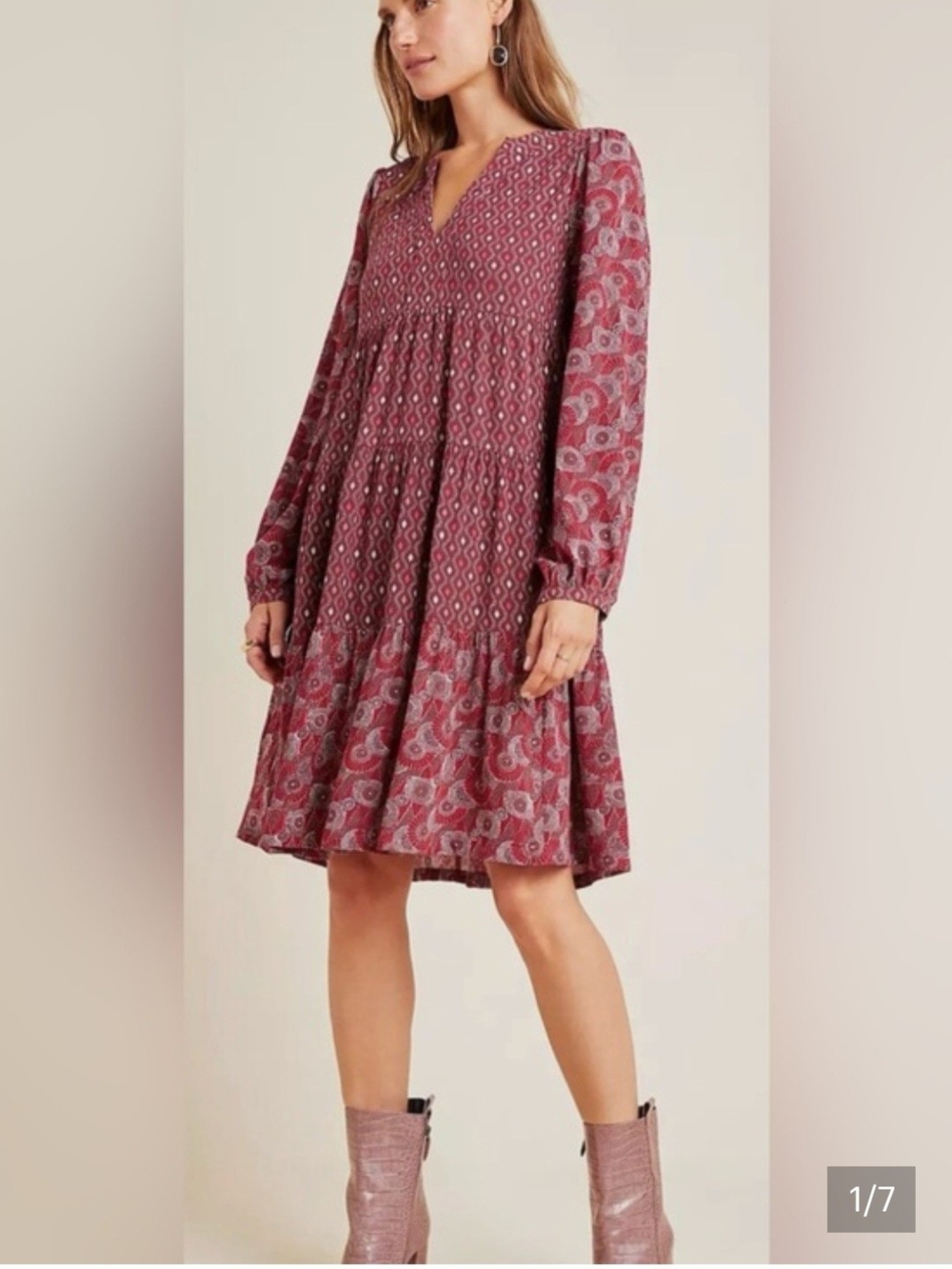 Anthropologie Mauve Paisley Tiered Long-Sleeve Dress